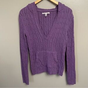 Y2K 2000s Deep Vneck Cable Knit Pullover Sweater Hooded purple Kangaroo Pouch